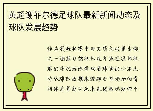 英超谢菲尔德足球队最新新闻动态及球队发展趋势